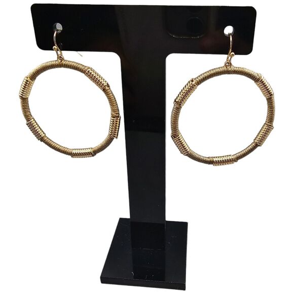 Pierced Earrings Artisan Hoop Mixed Material Beige Textile Cord Gold Tone Metal - Picture 6 of 6